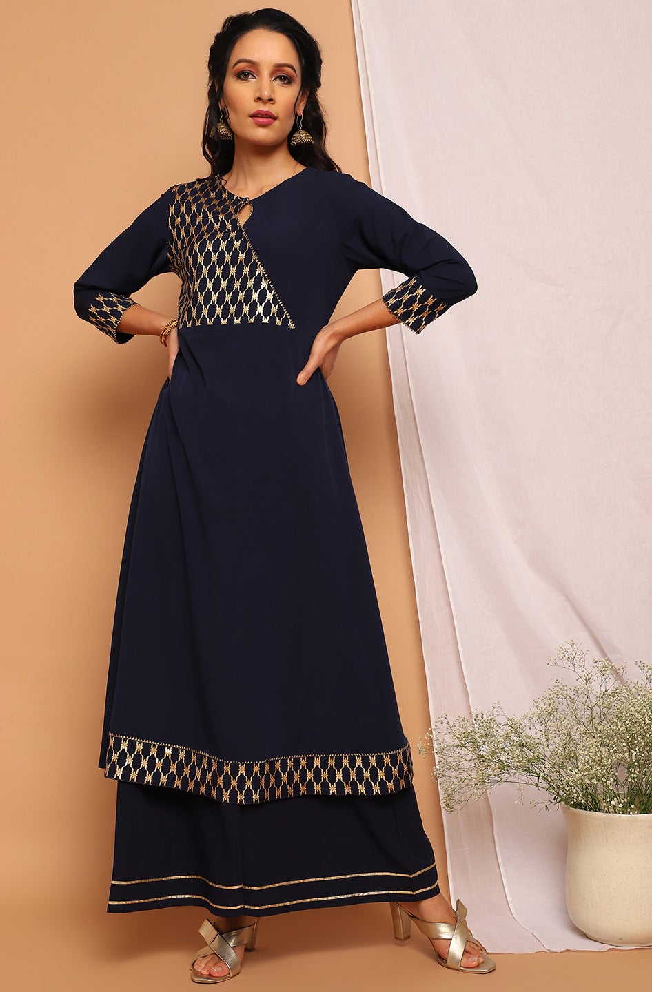 Navy Blue Poly Crepe Ethnic Motifs Flared Kurta Janasya