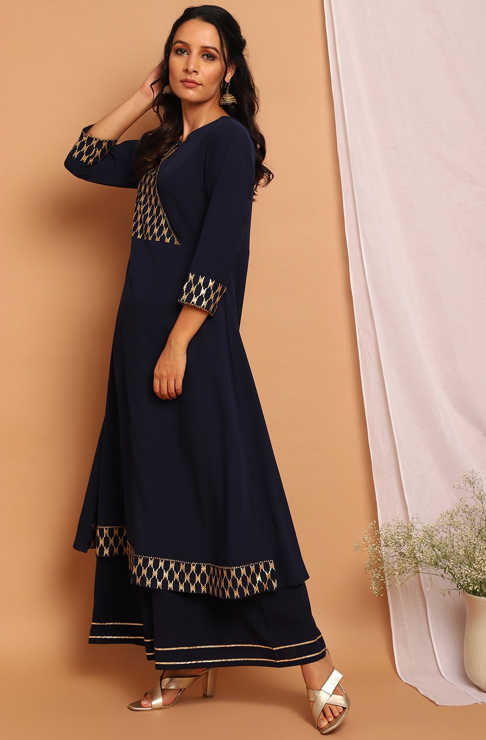 Navy Blue Poly Crepe Ethnic Motifs Flared Kurta Janasya