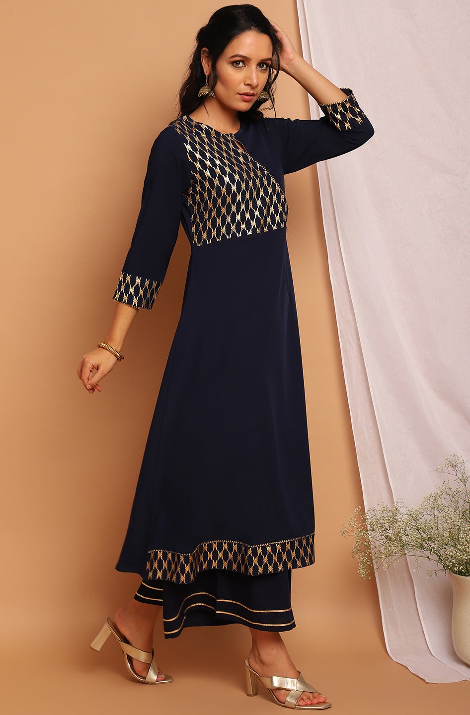 Navy Blue Poly Crepe Ethnic Motifs Flared Kurta Janasya