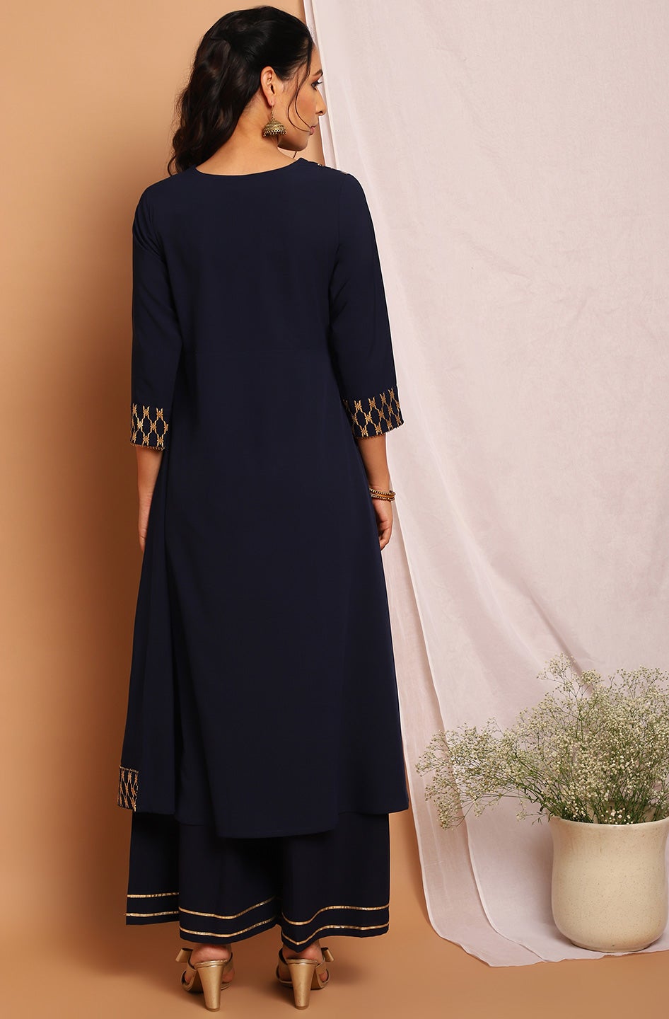 Navy Blue Poly Crepe Ethnic Motifs Flared Kurta Janasya