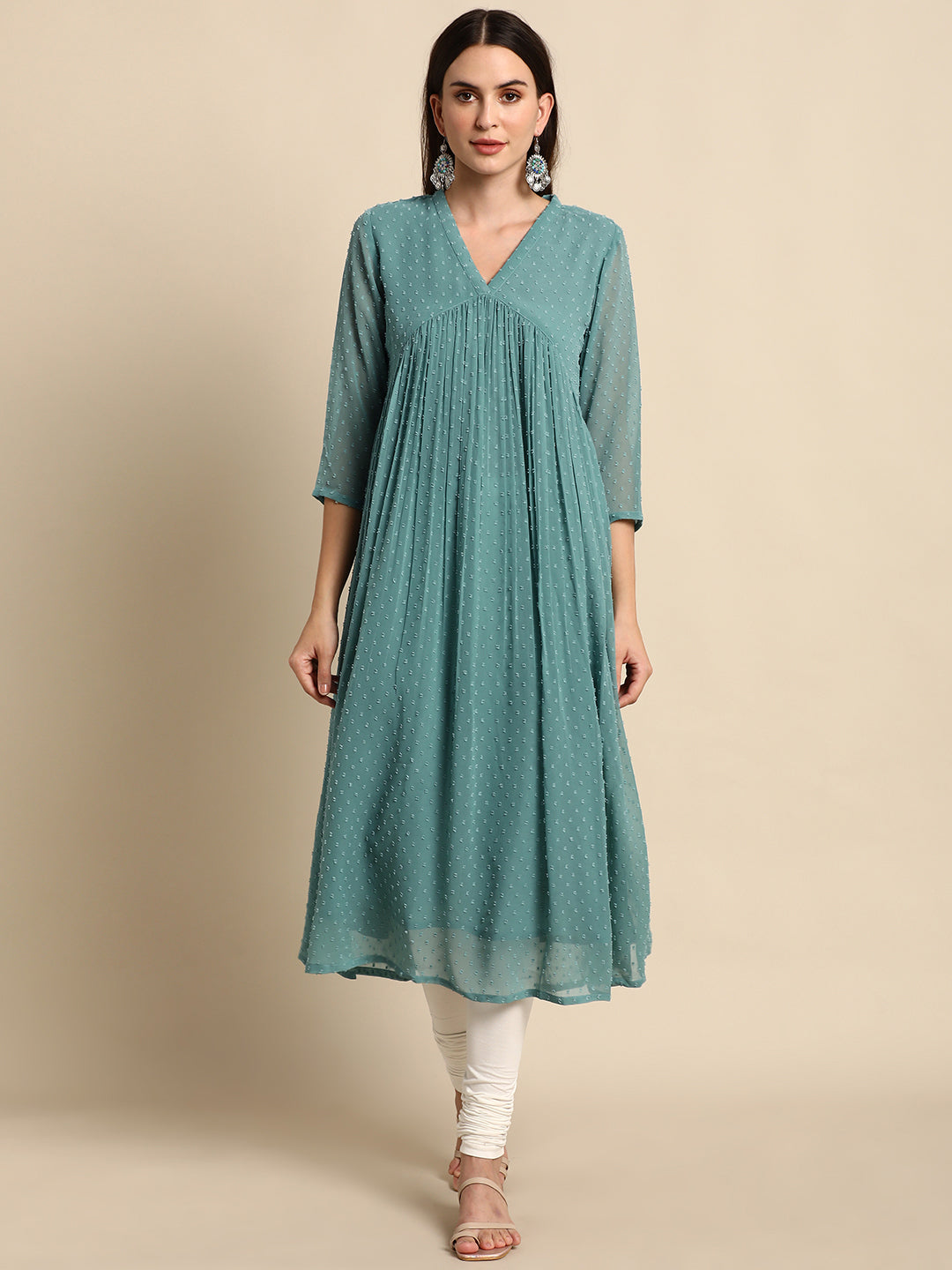 Green Poly Chiffon Self Design Flared Kurta Janasya
