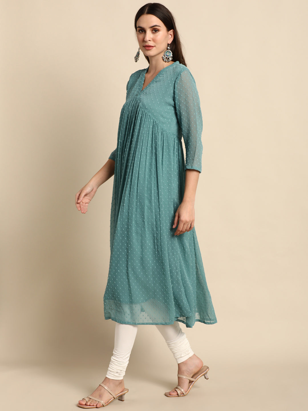Green Poly Chiffon Self Design Flared Kurta Janasya
