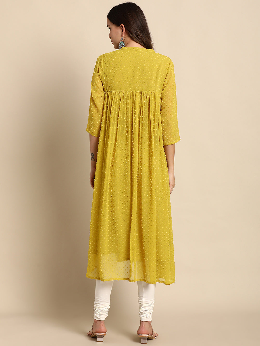 Mustard Poly Chiffon Self Design Frontslit Kurta Janasya