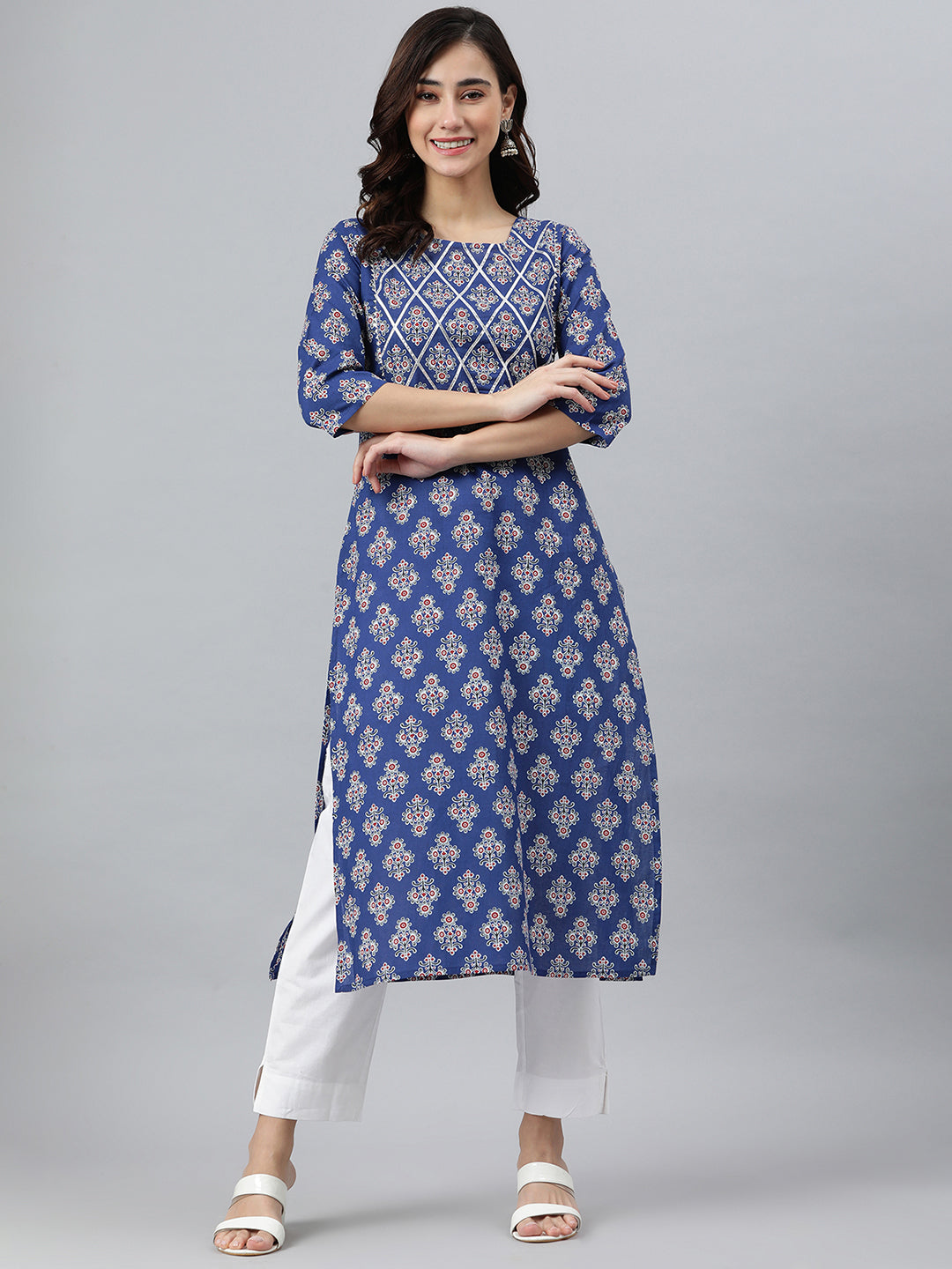 Blue Cotton Floral Print Straight Kurta Janasya