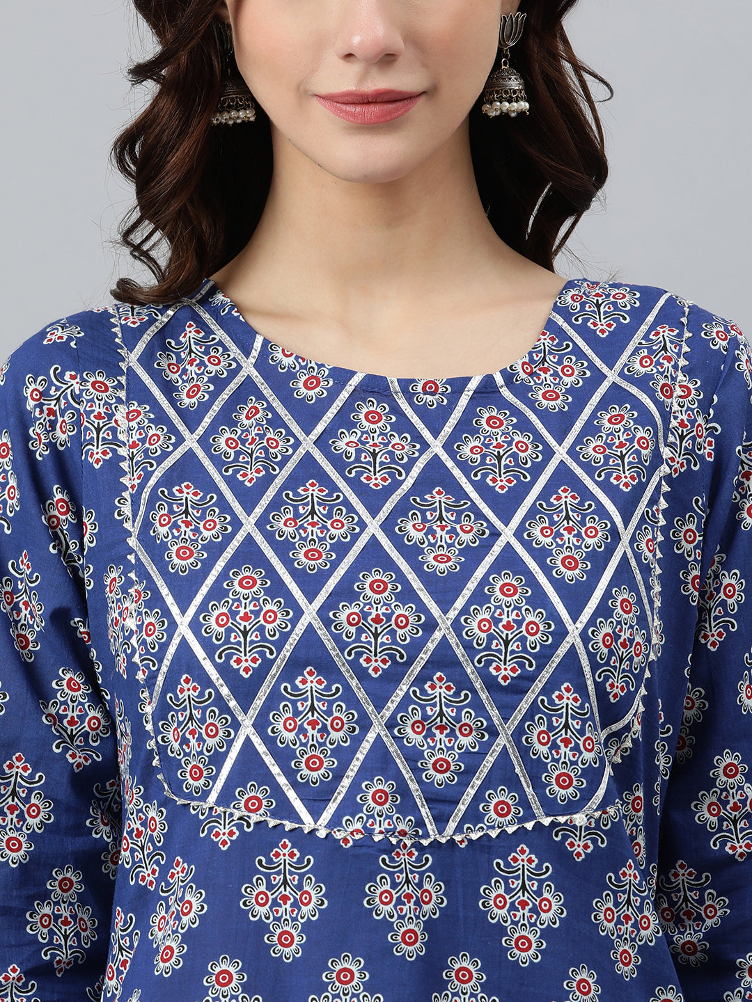 Blue Cotton Floral Print Straight Kurta Janasya