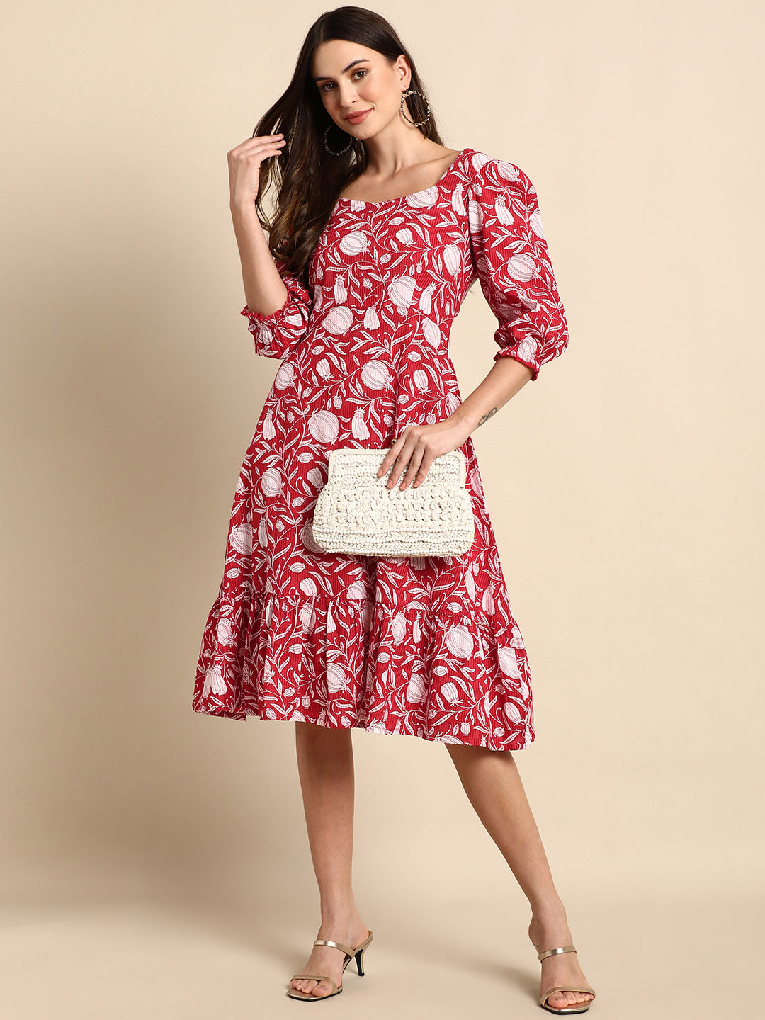 Red Cotton Floral A-line Western Dress Janasya