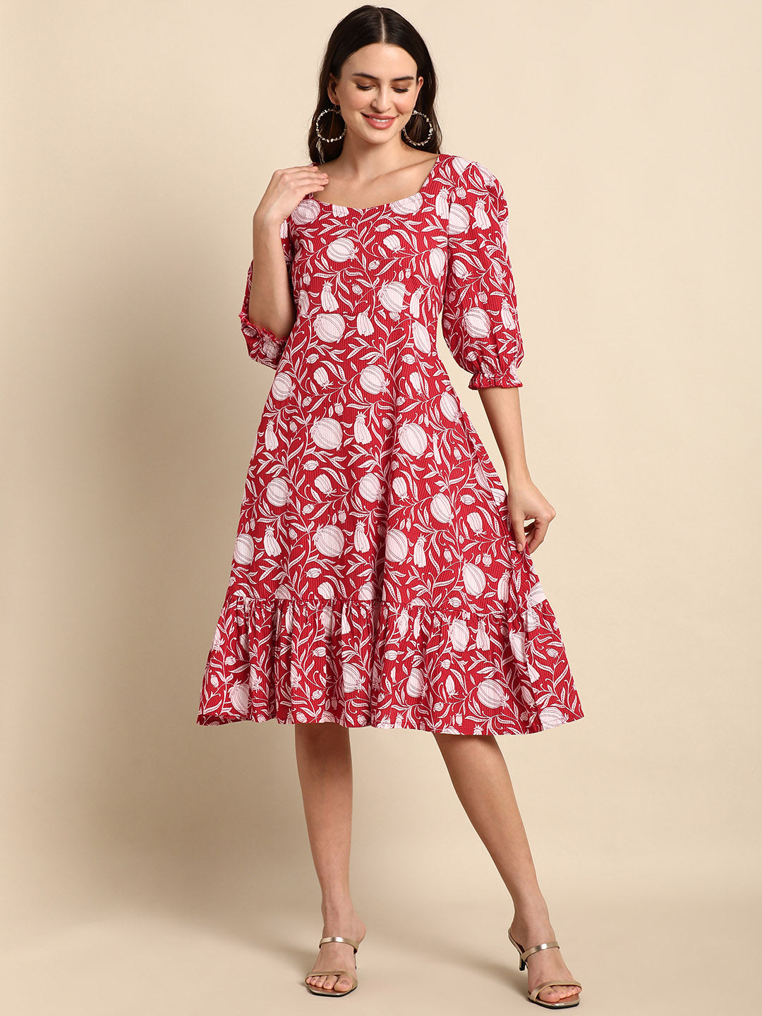 Red Cotton Floral A-line Western Dress Janasya