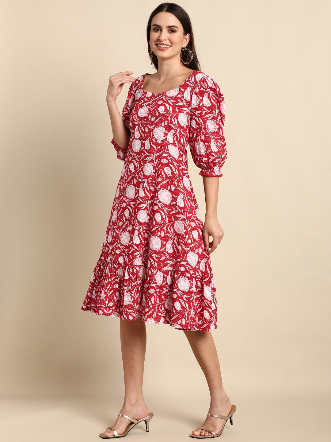 Red Cotton Floral A-line Western Dress Janasya