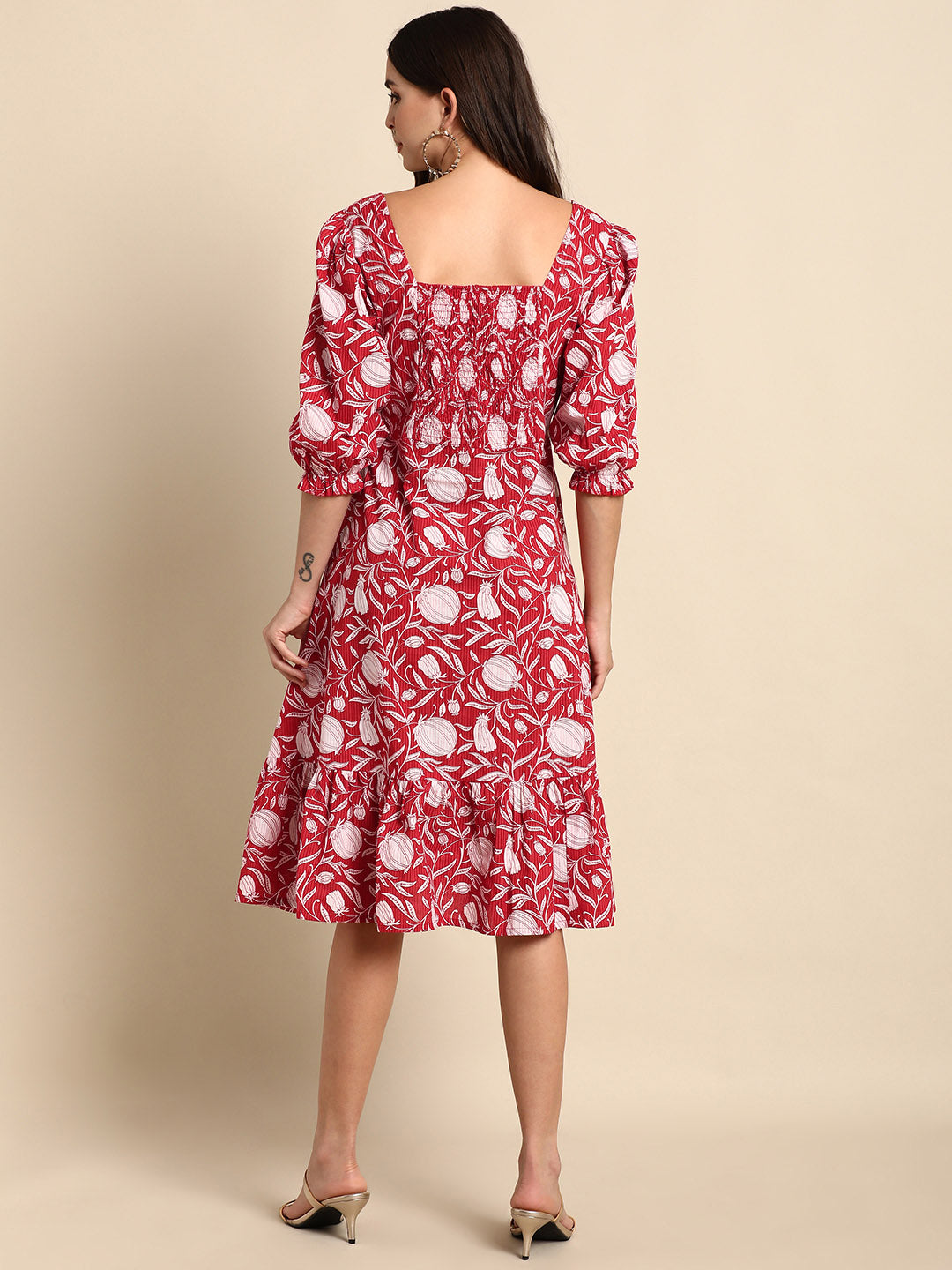 Red Cotton Floral A-line Western Dress Janasya