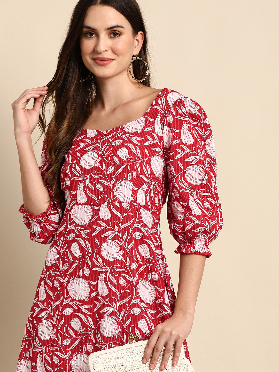 Red Cotton Floral A-line Western Dress Janasya
