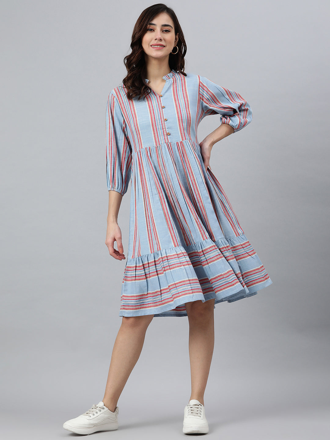 Wear Smart Casual Women Dresses Sky Blue Cotton Blend Striped Flared Western Dress Janasya Wholesale Threadbucket Studio LLP Wear Smart Casual Women Dresses Sky Blue Cotton Blend Striped Flared Western Dress Janasya Wholesale Threadbucket Studio LLP