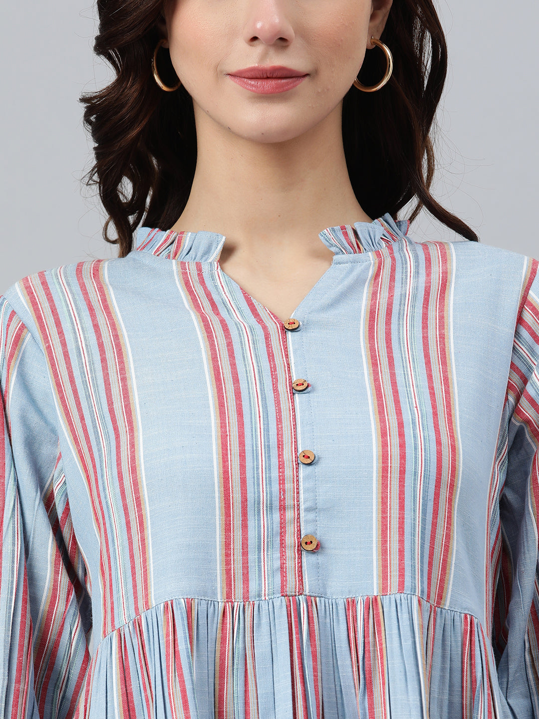 Sky Blue Cotton Blend Striped Flared Western Dress