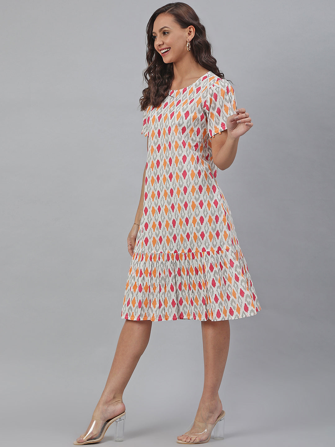 Off White Cotton Printed A-line Western Dress Janasya