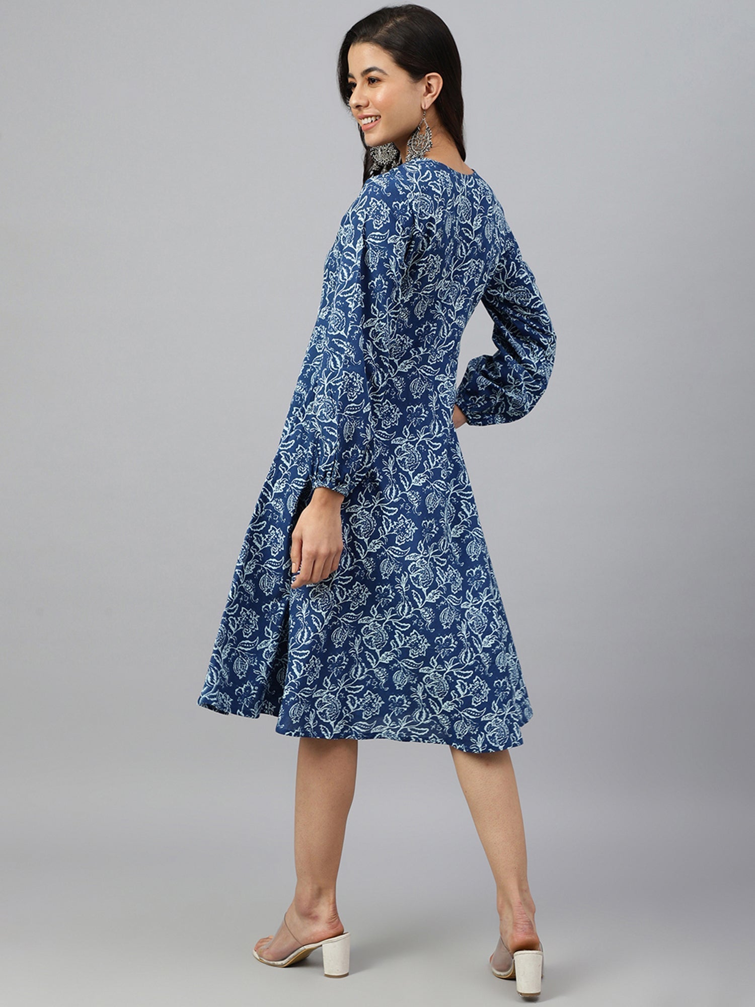 Navy Blue Cotton Floral Print Angrakha Western Dress Janasya