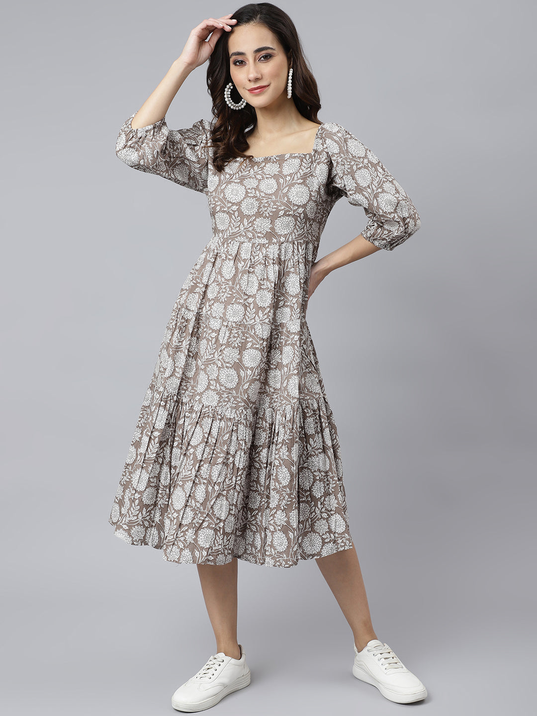 Grey Cotton Floral Print Flared Western Dress Janasya Gold