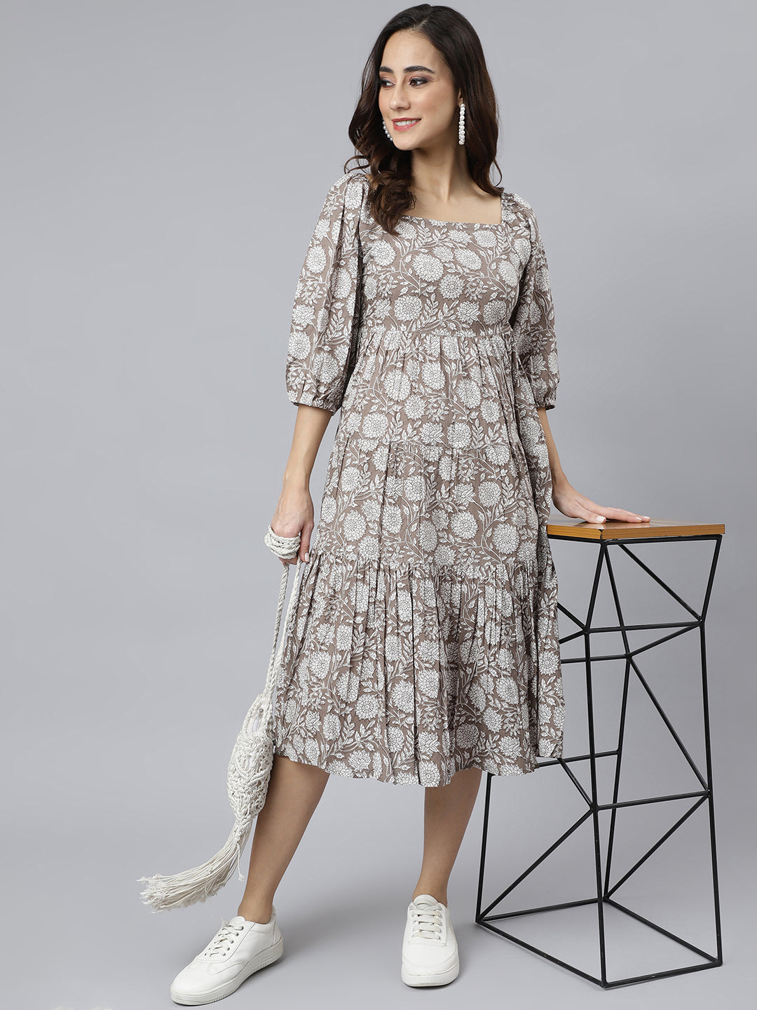 Grey Cotton Floral Print Flared Western Dress Janasya Gold