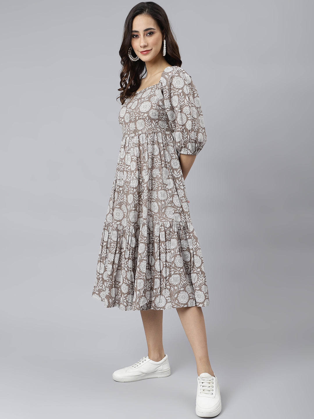 Grey Cotton Floral Print Flared Western Dress Janasya Gold