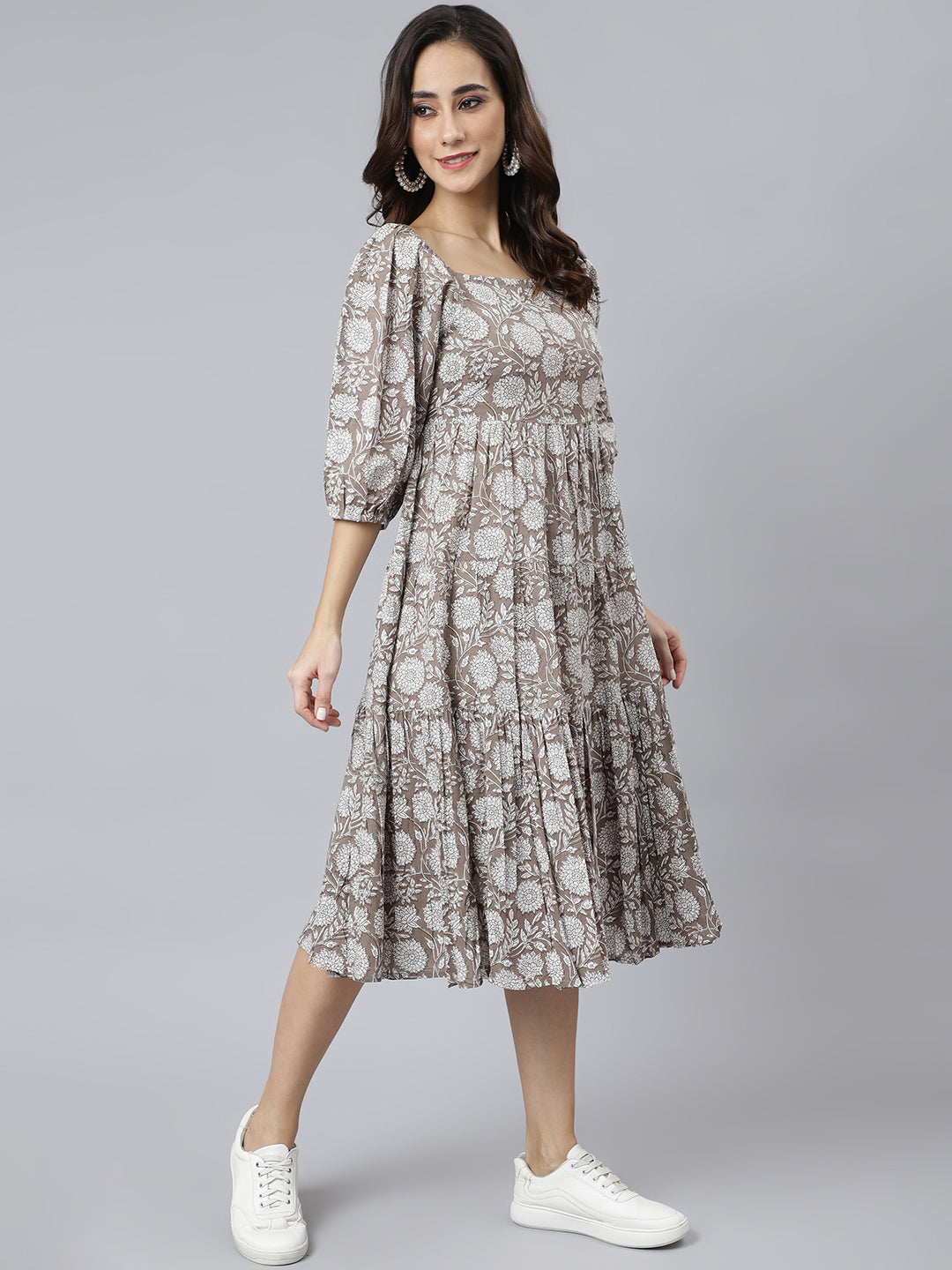 Grey Cotton Floral Print Flared Western Dress Janasya Gold