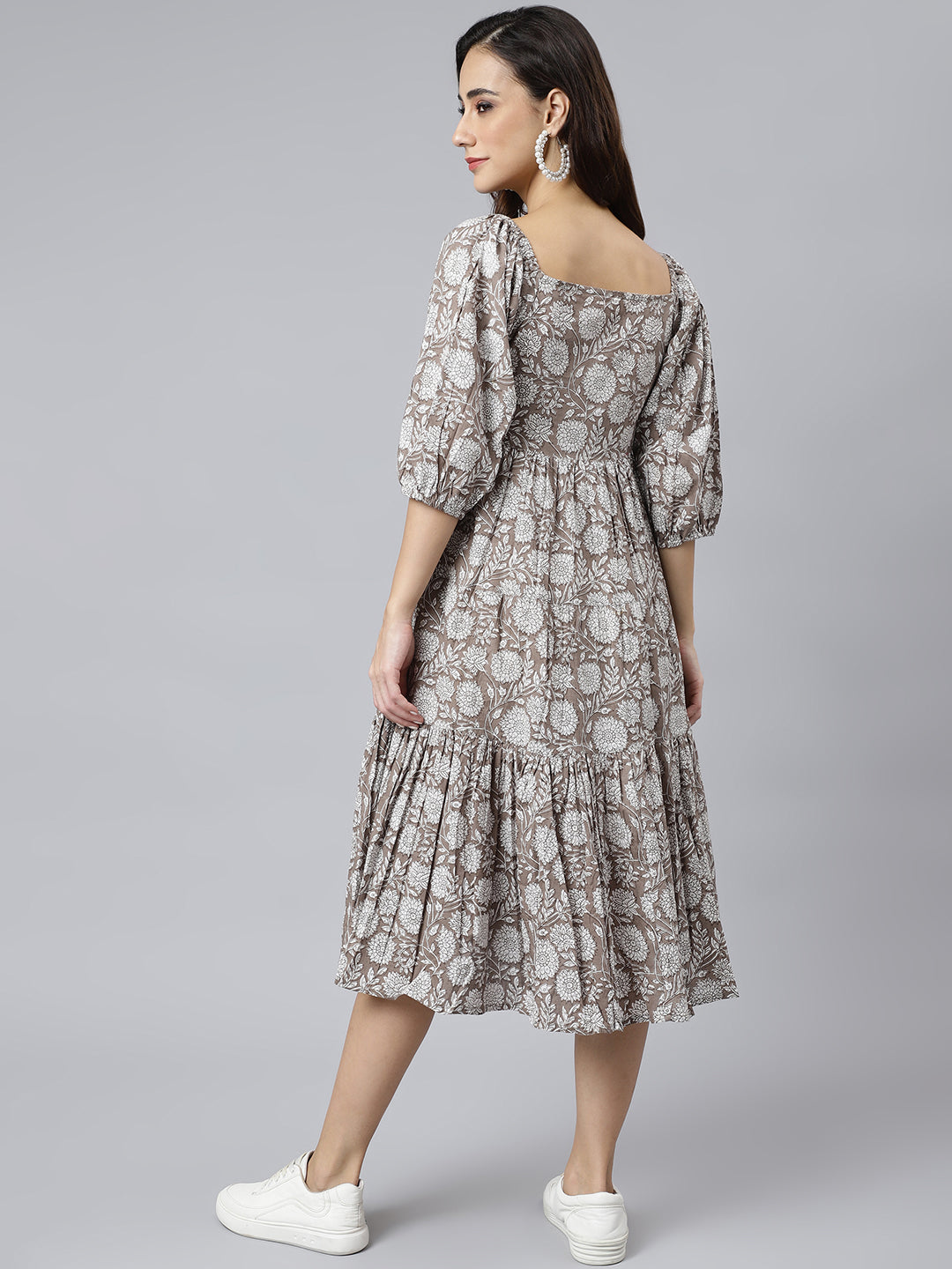 Grey Cotton Floral Print Flared Western Dress Janasya Gold