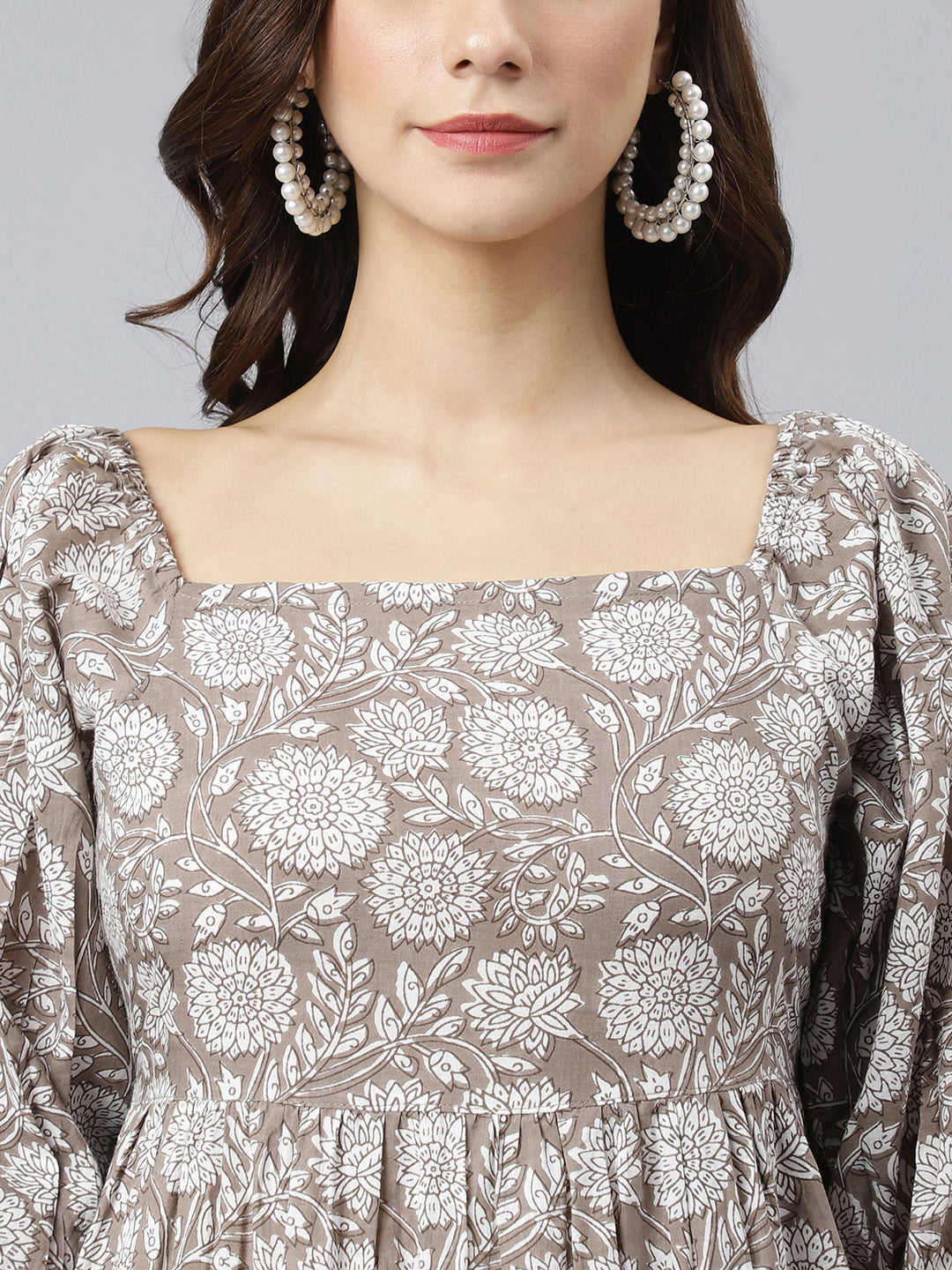 Grey Cotton Floral Print Flared Western Dress Janasya Gold