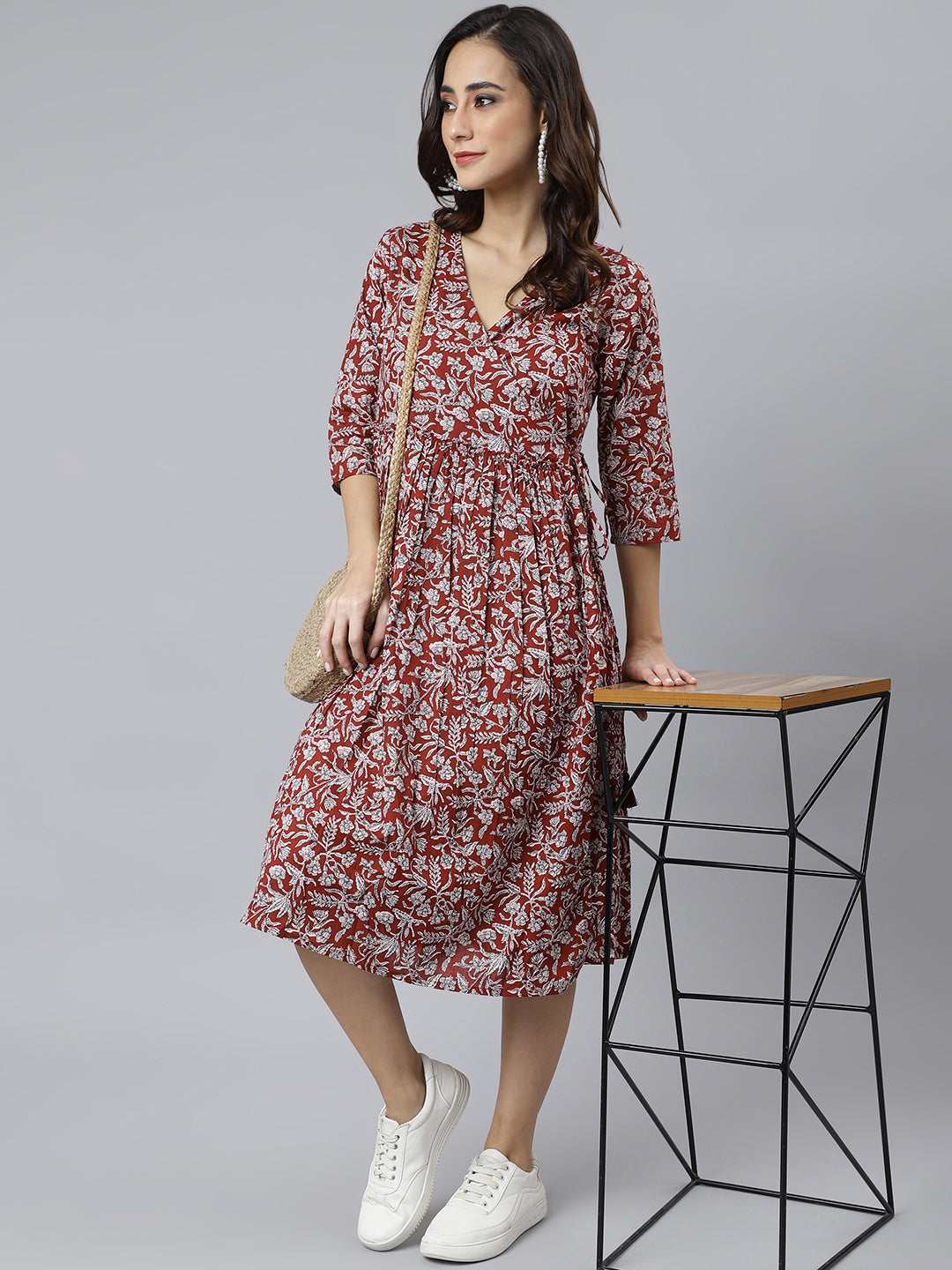 Maroon Cotton Floral Print Angrakha Western Dress Janasya Gold