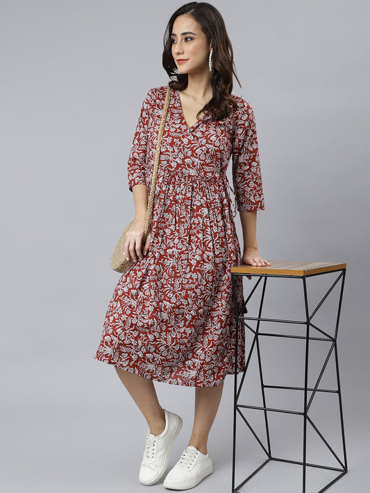 Maroon Cotton Floral Print Angrakha Western Dress Janasya Gold
