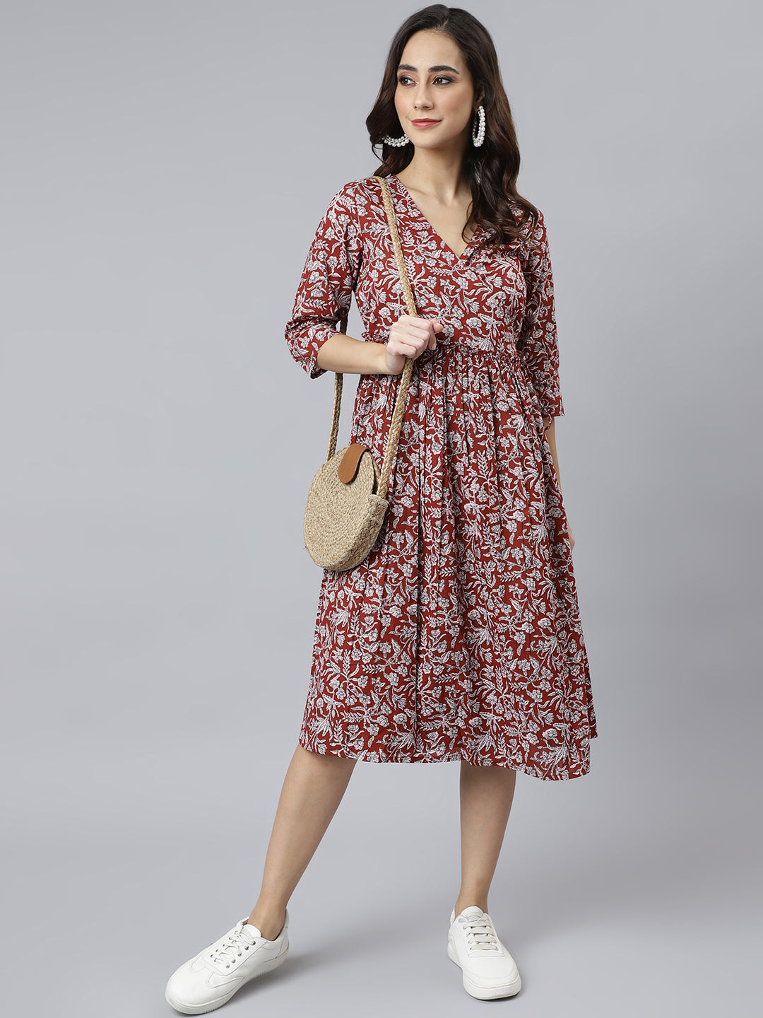 Maroon Cotton Floral Print Angrakha Western Dress Janasya Gold