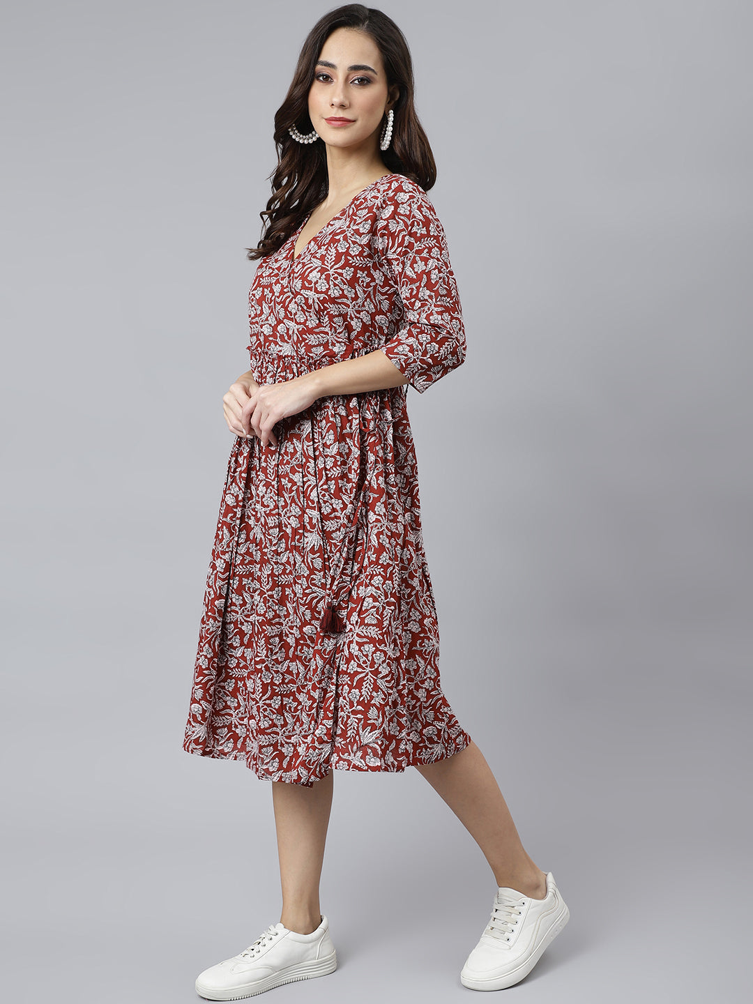 Maroon Cotton Floral Print Angrakha Western Dress Janasya Gold