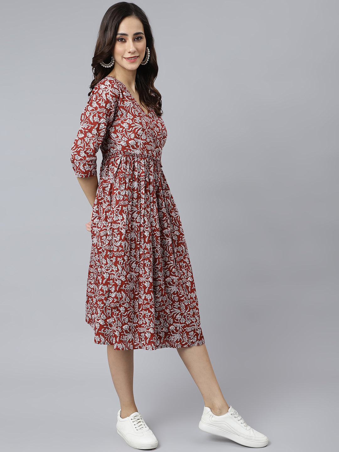 Maroon Cotton Floral Print Angrakha Western Dress Janasya Gold