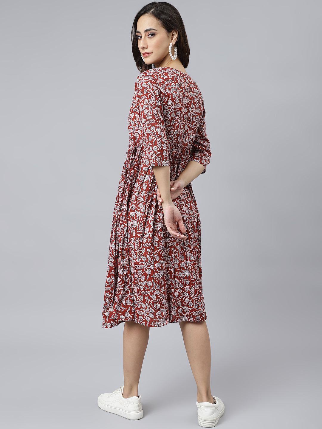 Maroon Cotton Floral Print Angrakha Western Dress Janasya Gold