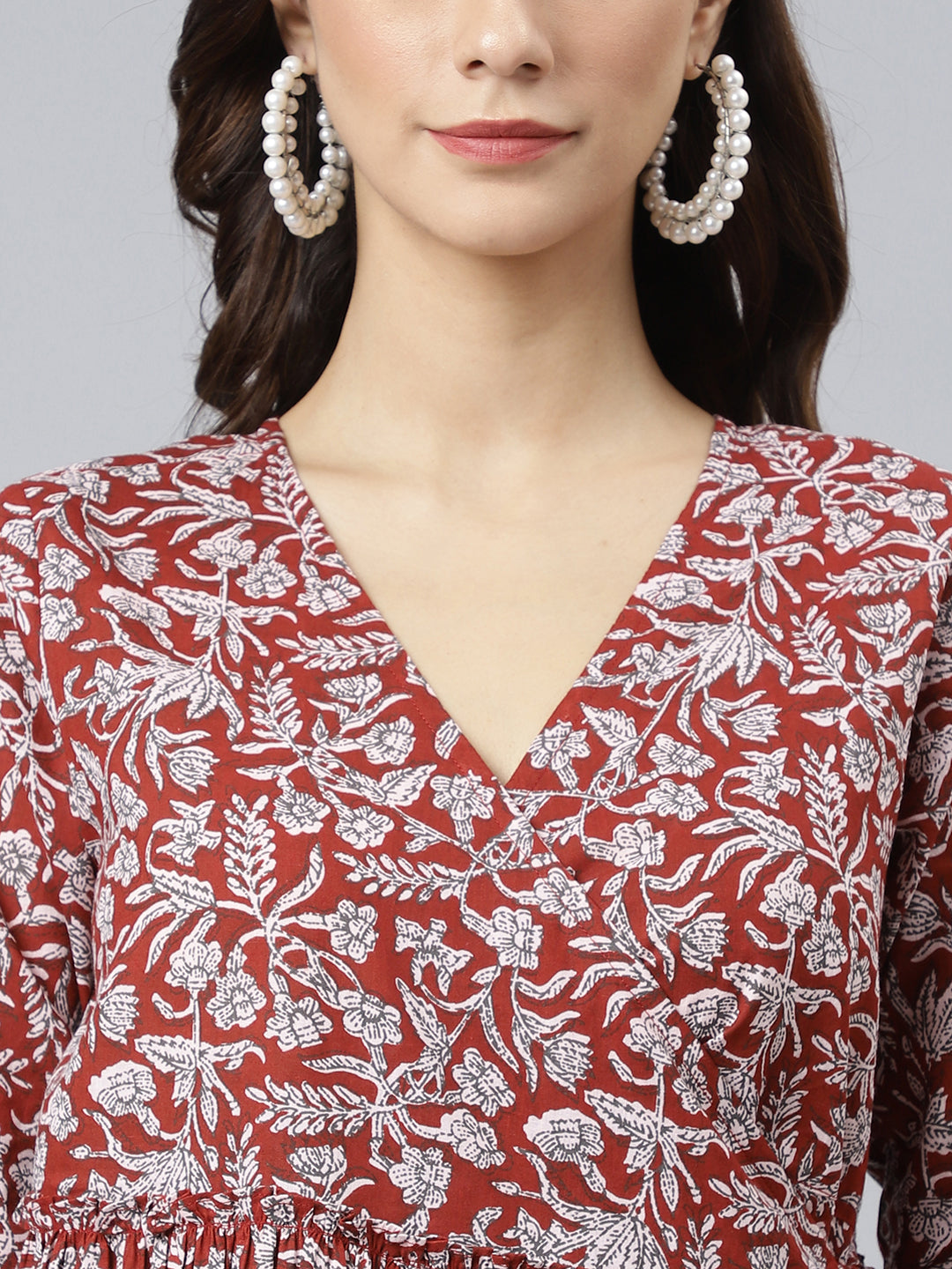 Maroon Cotton Floral Print Angrakha Western Dress Janasya Gold