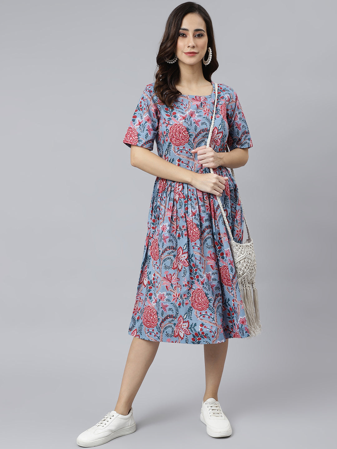 Blue Cotton Floral Print Flared Western Dress Janasya Gold
