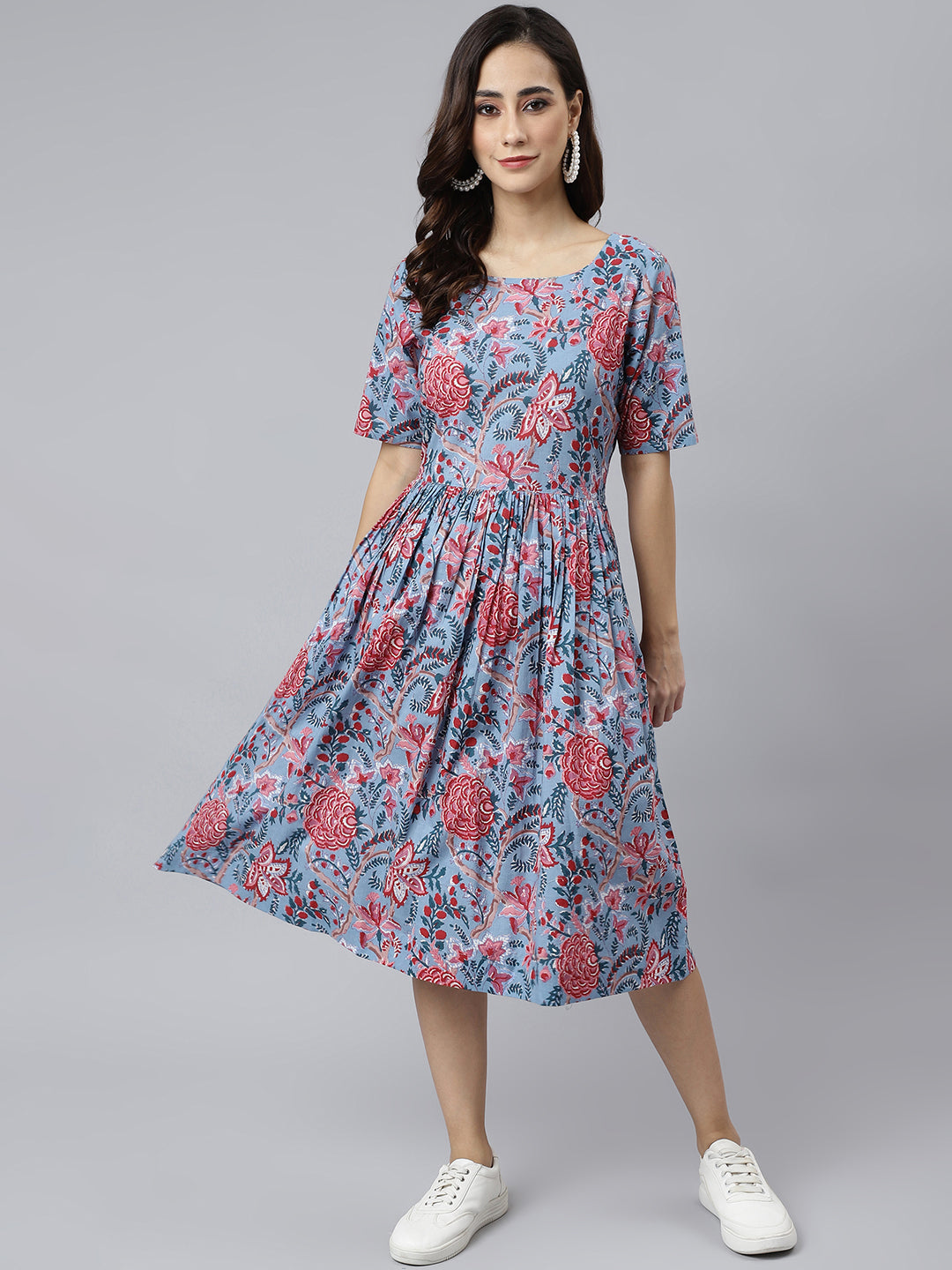 Blue Cotton Floral Print Flared Western Dress Janasya Gold