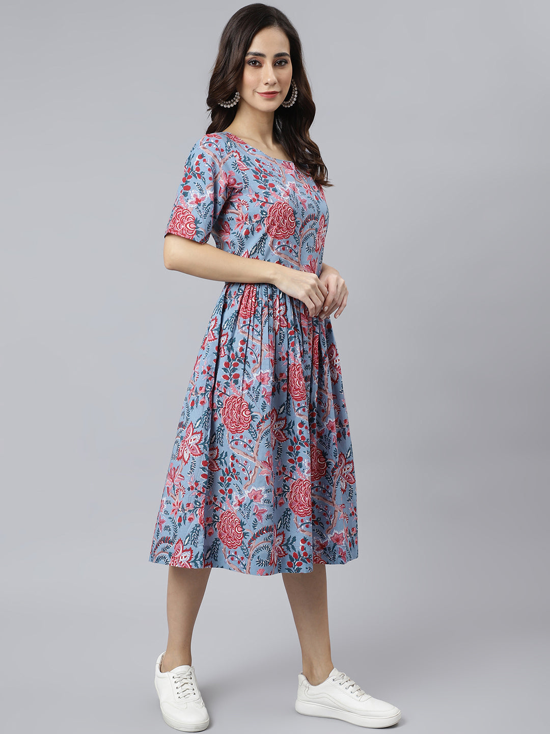 Blue Cotton Floral Print Flared Western Dress Janasya Gold