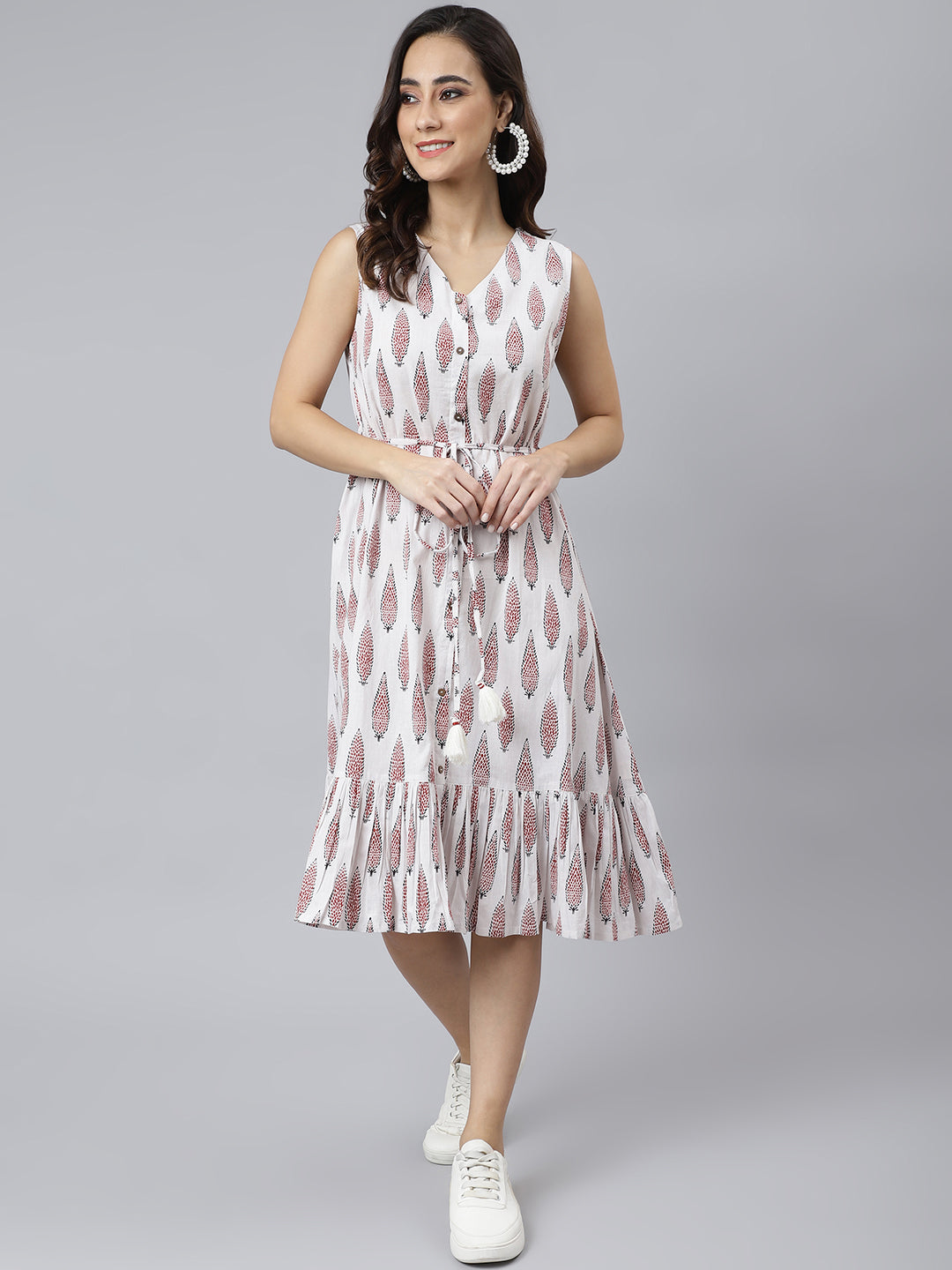 White Cotton Ethnic Motifs Flared Western Dress Janasya Gold