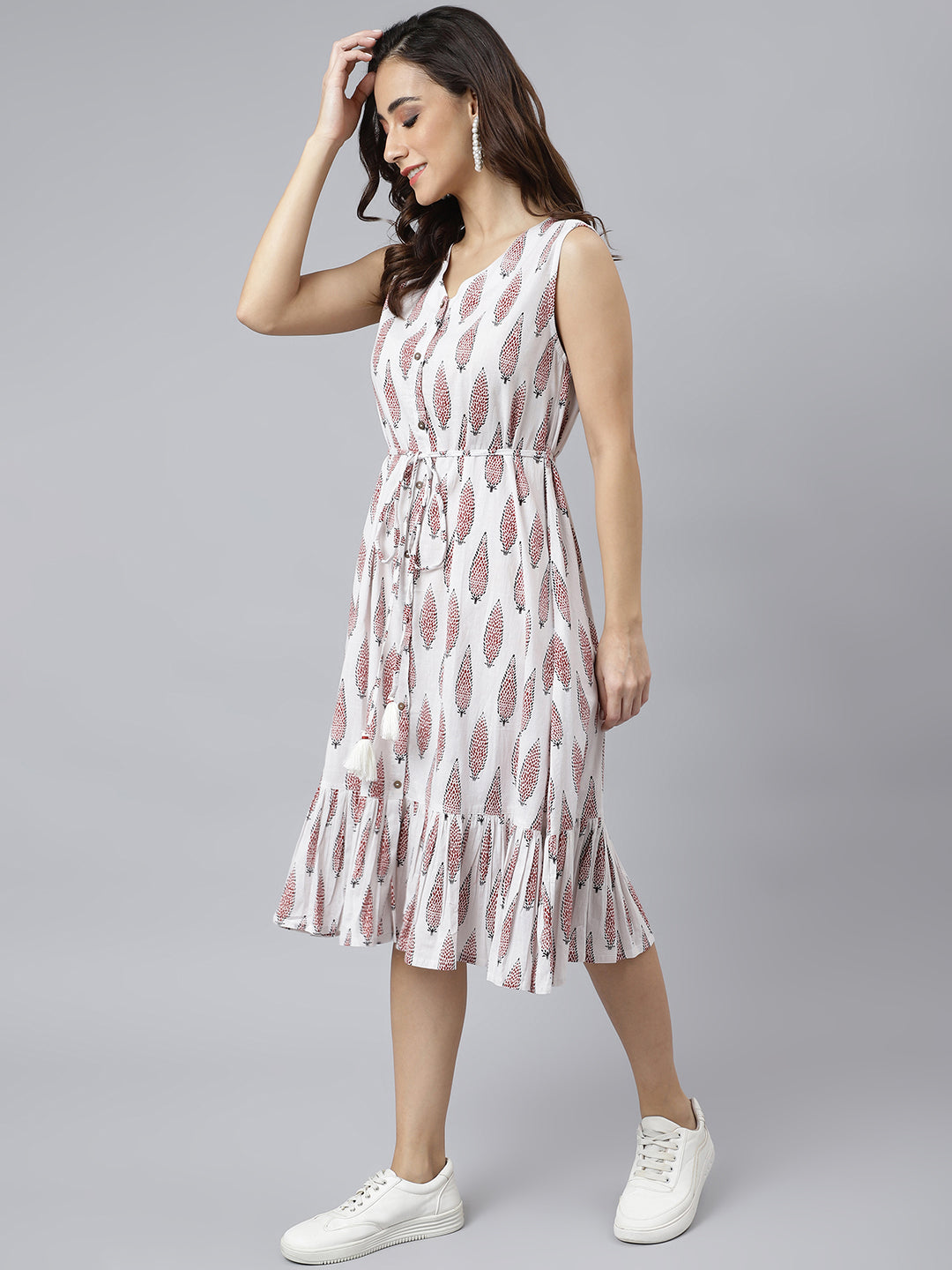 White Cotton Ethnic Motifs Flared Western Dress Janasya Gold
