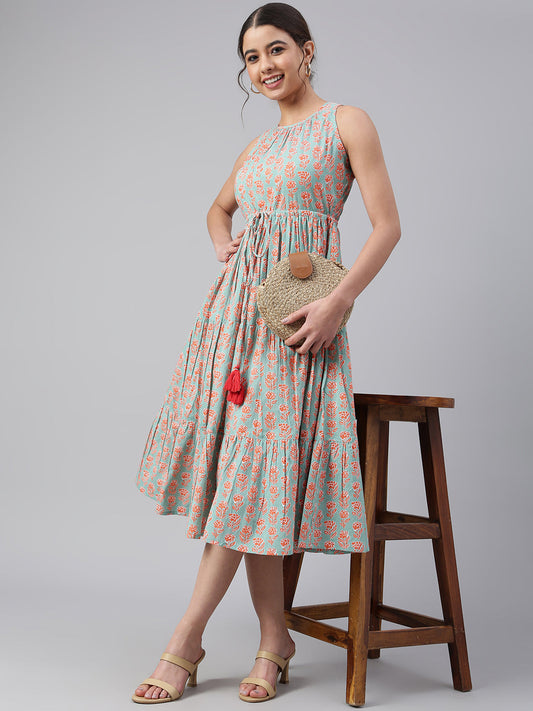 Mint Green Cotton Floral Block Print Tiered Western Dress Janasya Gold