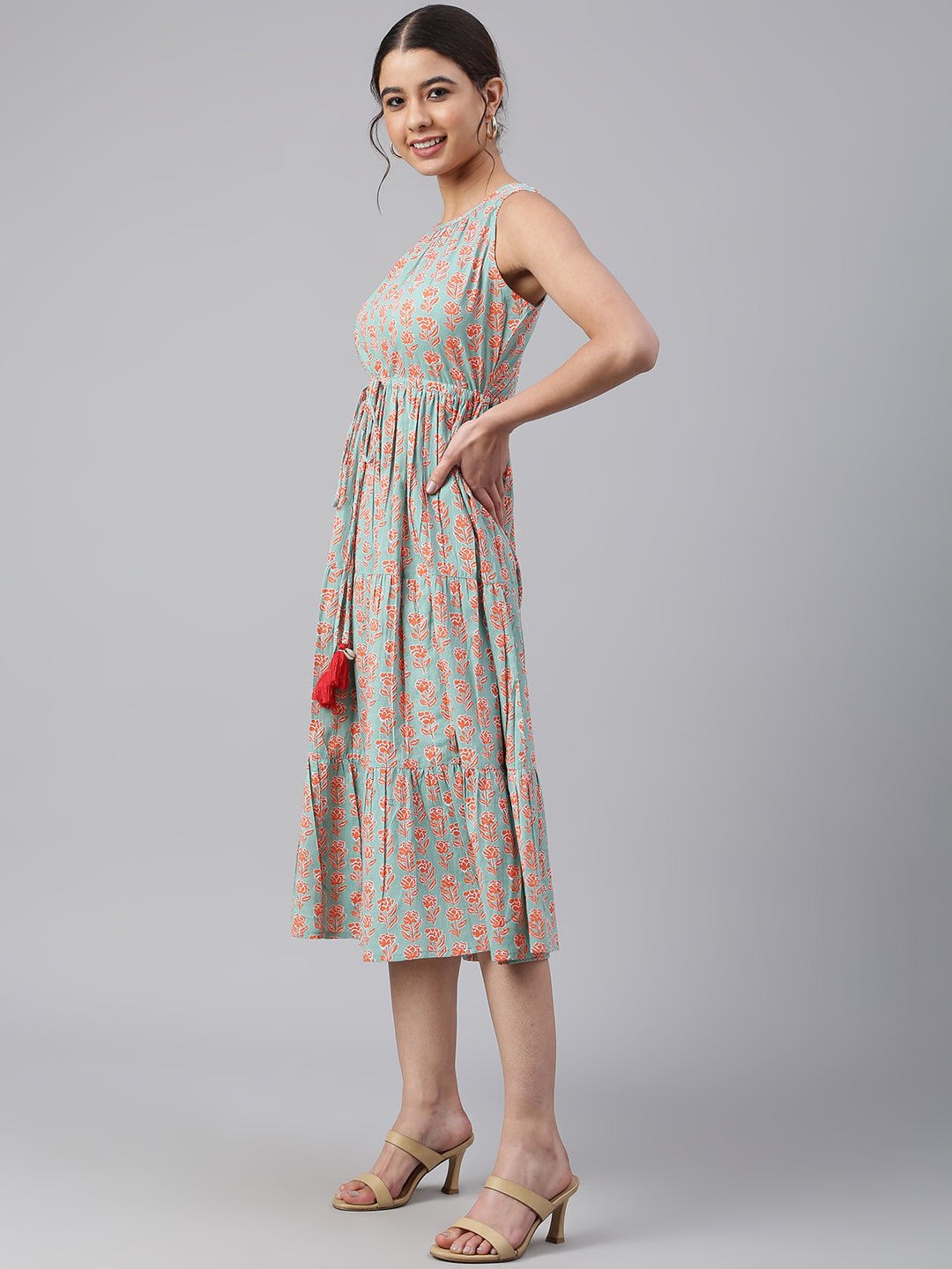 Mint Green Cotton Floral Block Print Tiered Western Dress Janasya Gold