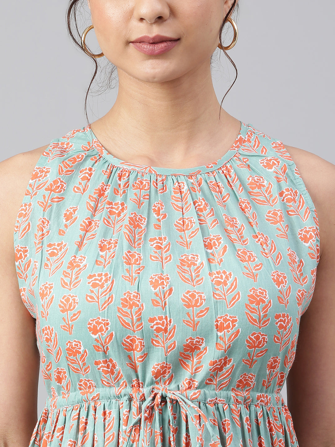Mint Green Cotton Floral Block Print Tiered Western Dress Janasya Gold