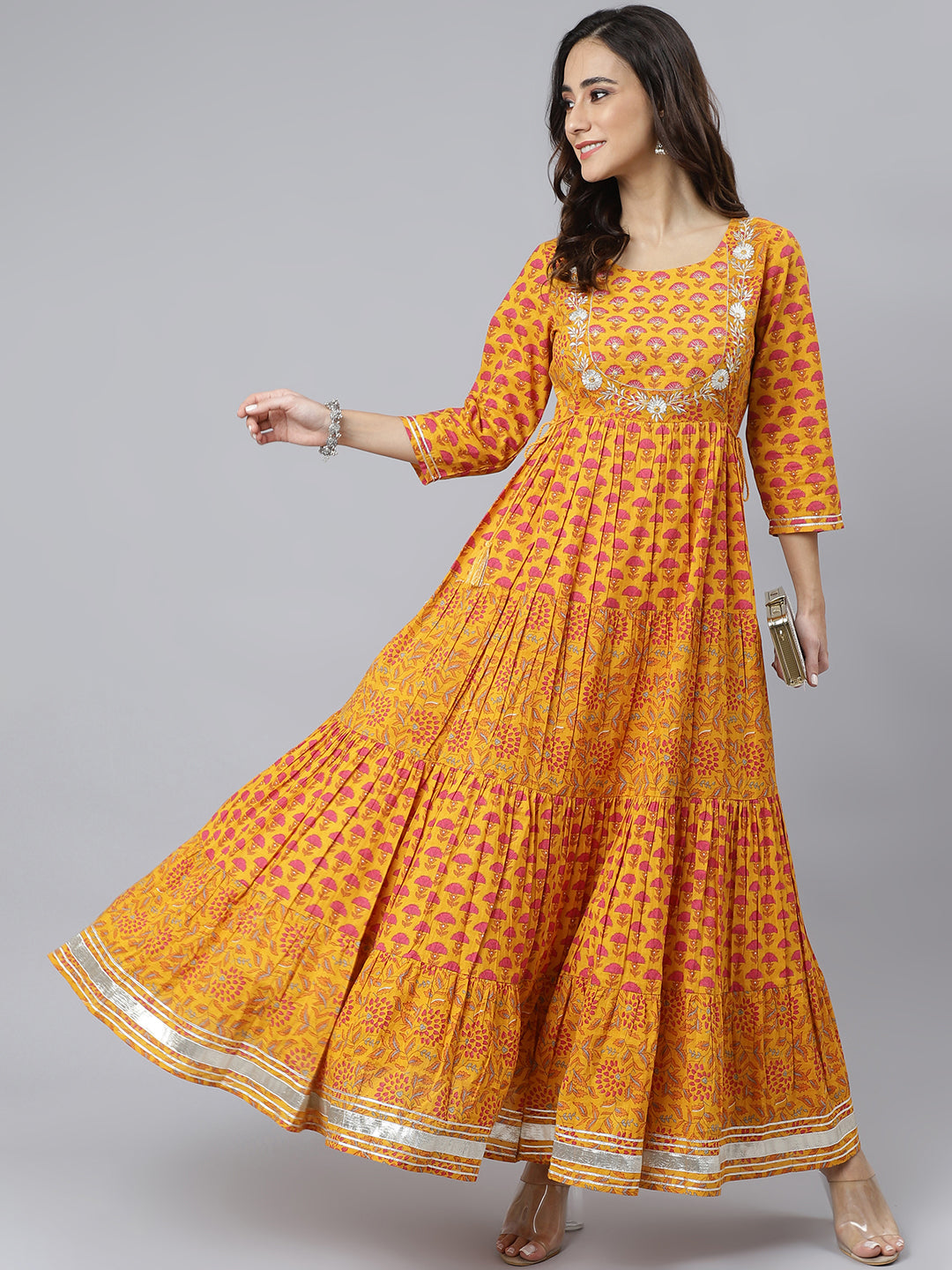 Mustard Cotton Floral Print Flared Kurta Janasya