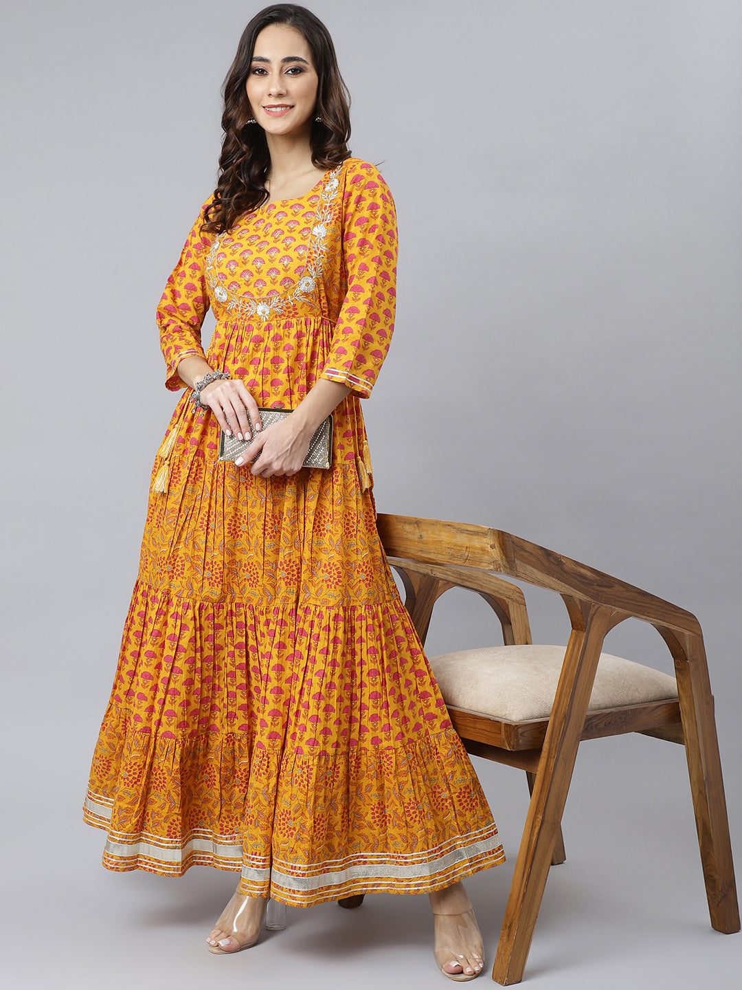 Mustard Cotton Floral Print Flared Kurta Janasya