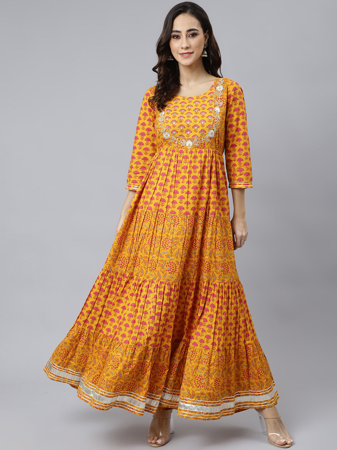 Mustard Cotton Floral Print Flared Kurta Janasya