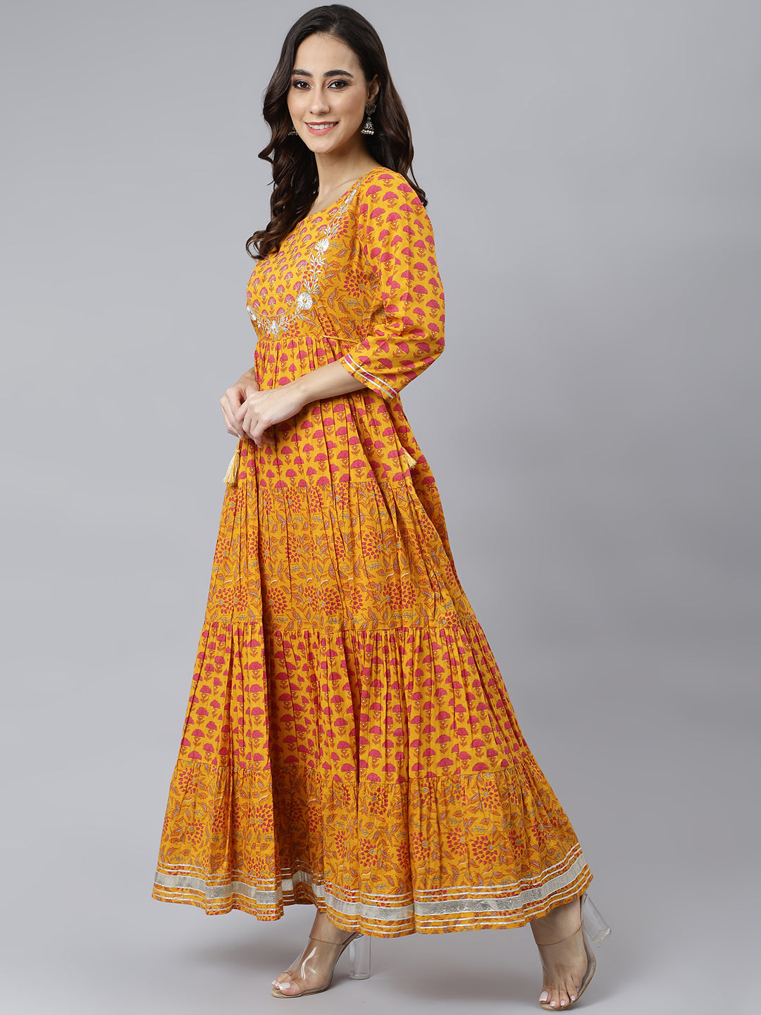 Mustard Cotton Floral Print Flared Kurta Janasya