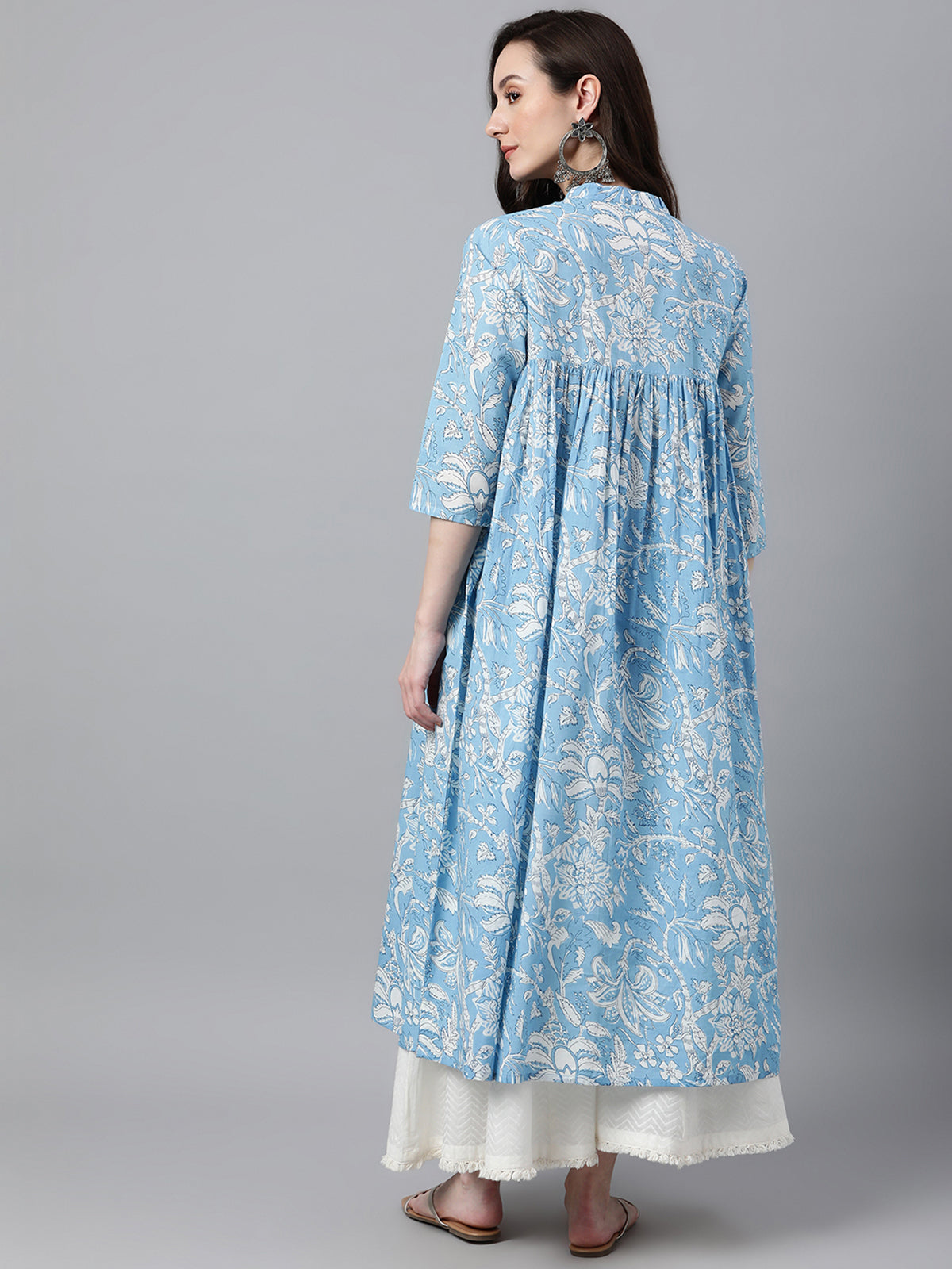 Sky Blue Cotton Floral Print Flared Kurta Janasya