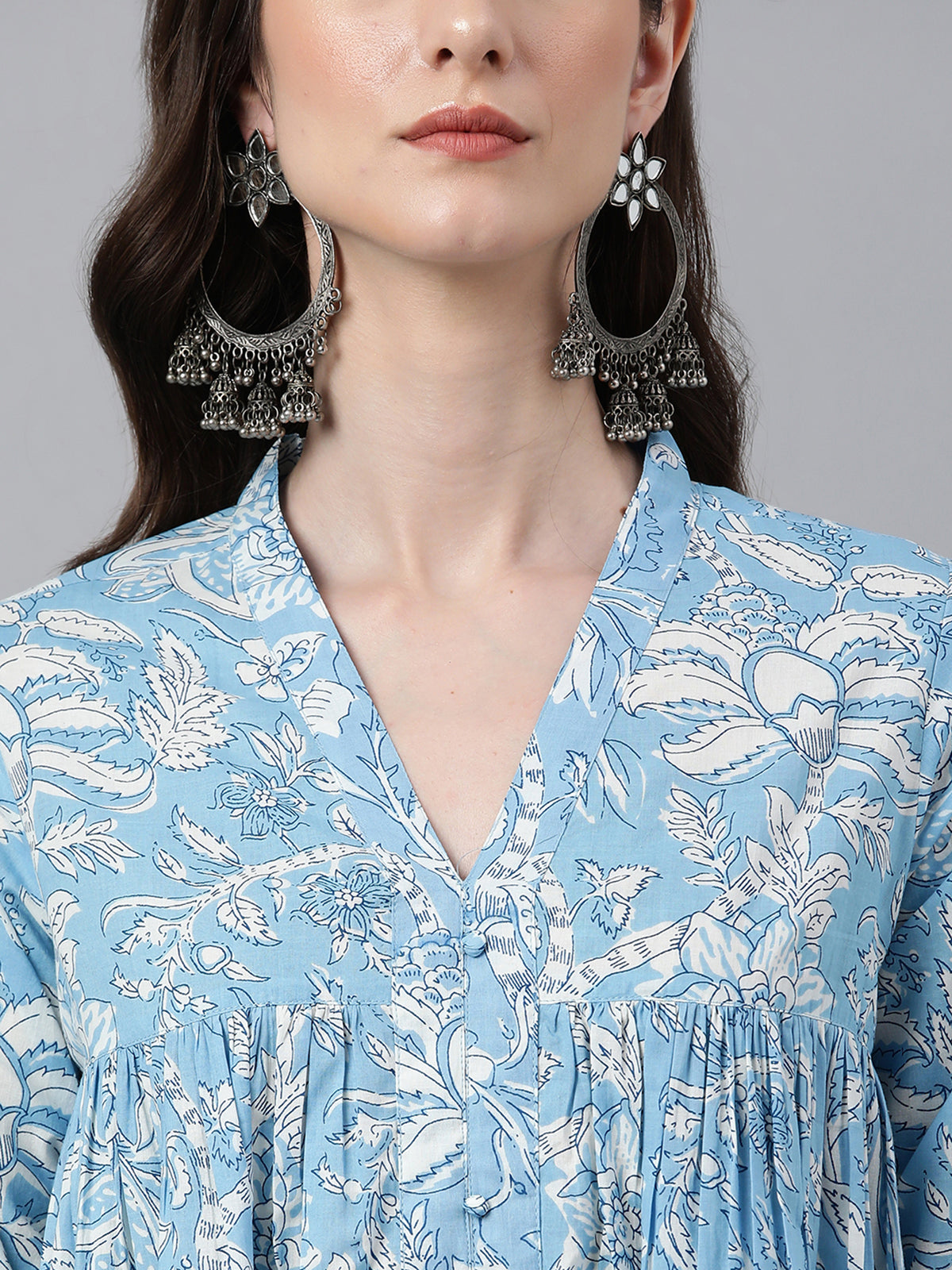 Sky Blue Cotton Floral Print Flared Kurta Janasya