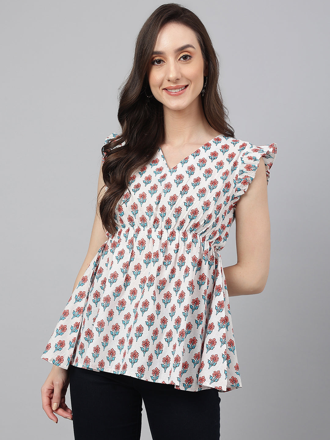 White Cotton Floral Print Flared Top Janasya