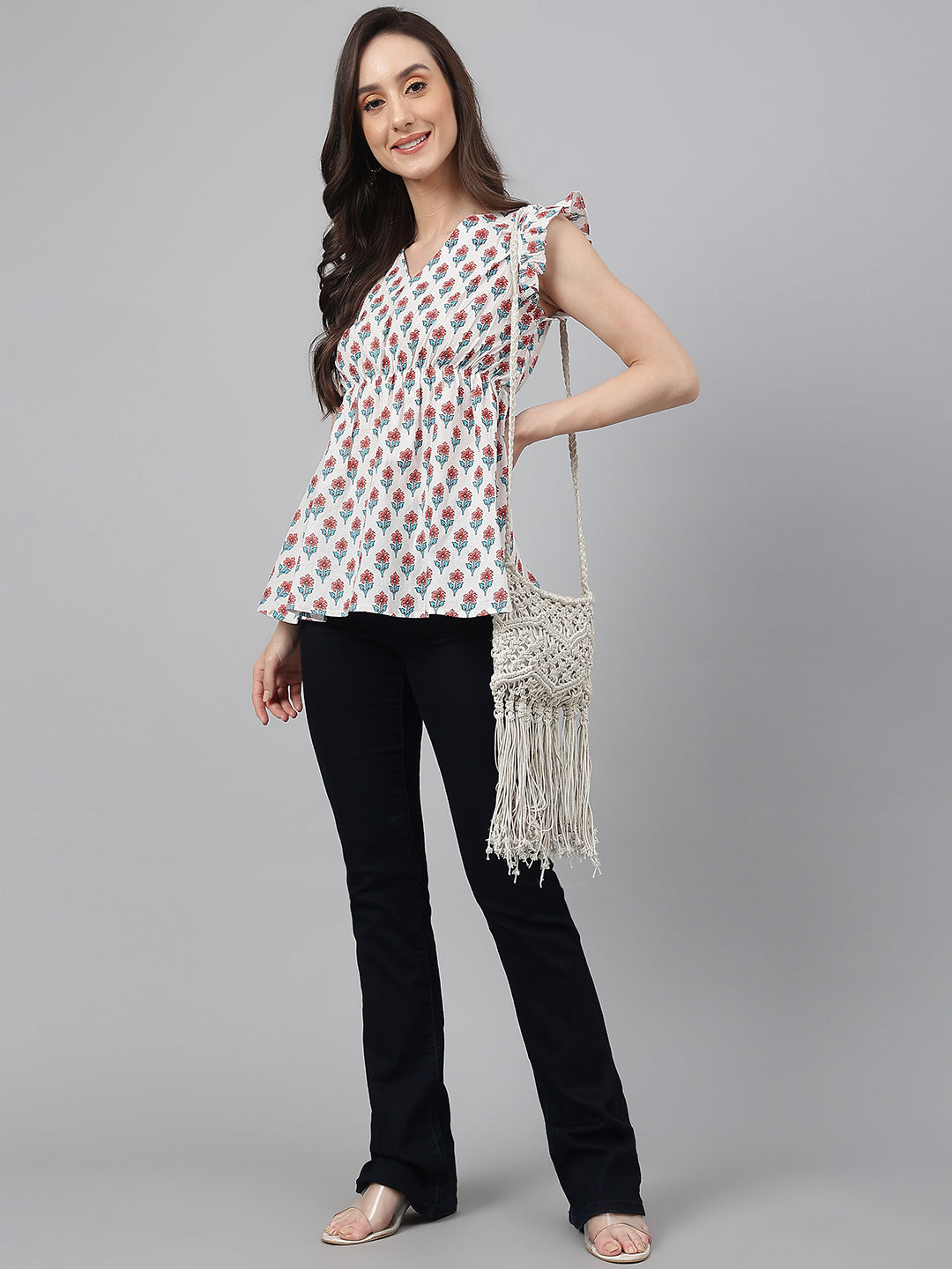 White Cotton Floral Print Flared Top Janasya