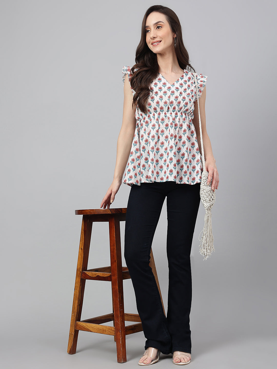 White Cotton Floral Print Flared Top Janasya