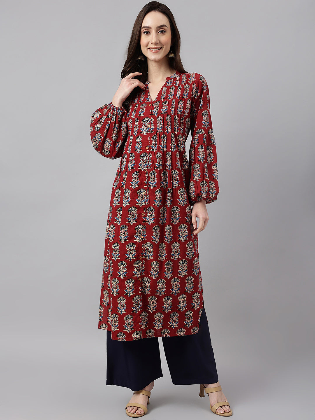 Women's Maroon Cotton Floral Print Flared Kurta Janasya