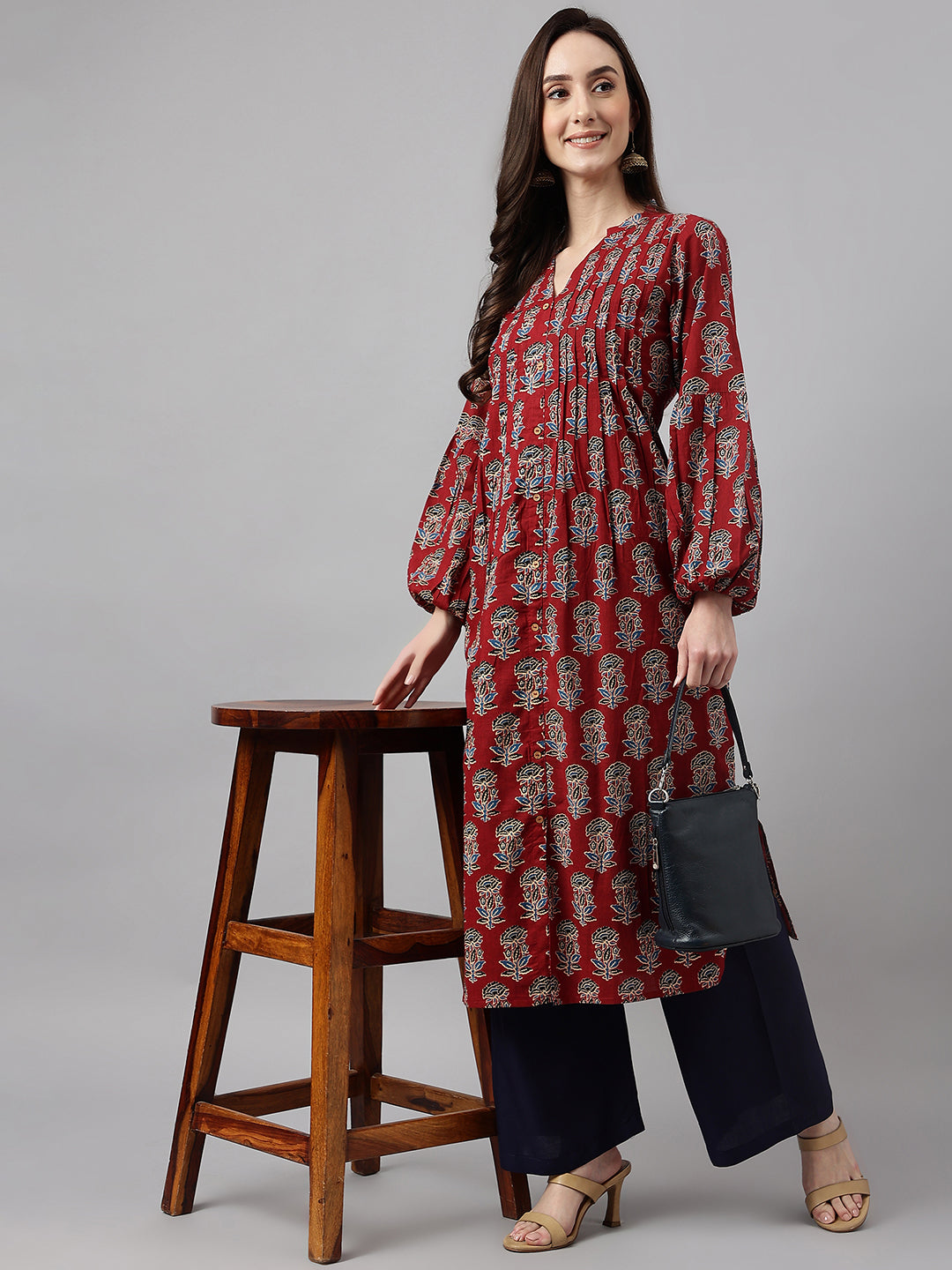 Women's Maroon Cotton Floral Print Flared Kurta Janasya